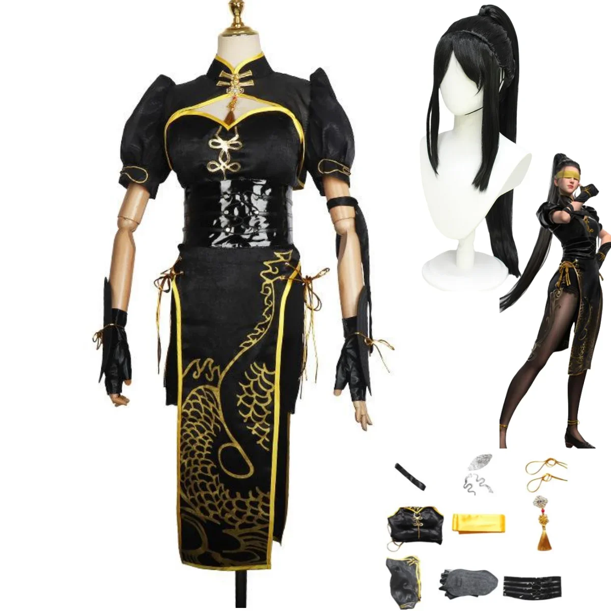 Anime Game Naraka: Bladepoint Viper Ning Cosplay Costume Wig Hongye Shawl Dragon Cheongsam Dress Woman Sexy Carnival Suit