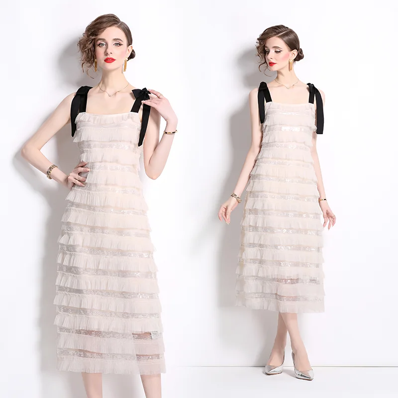 กระโปรงยาวดีไซน์เก๋ไก๋ประดับกลิตเตอร์สำหรับผู้หญิง คอลเลคชั่นซัมเมอร์ 2024 ผลิตจากเส้นใยโพลีเอสเตอร์ 100% สไตล์สุภาพสตรี