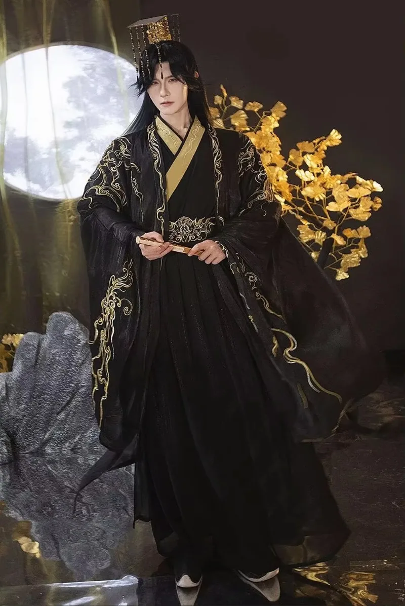 Men Black Gold Hanfu Costume, Traditional Chinese Emperor Robe with Dragon Embroidery, Flowing Wide Sleeve Ancient Royal Cosplay