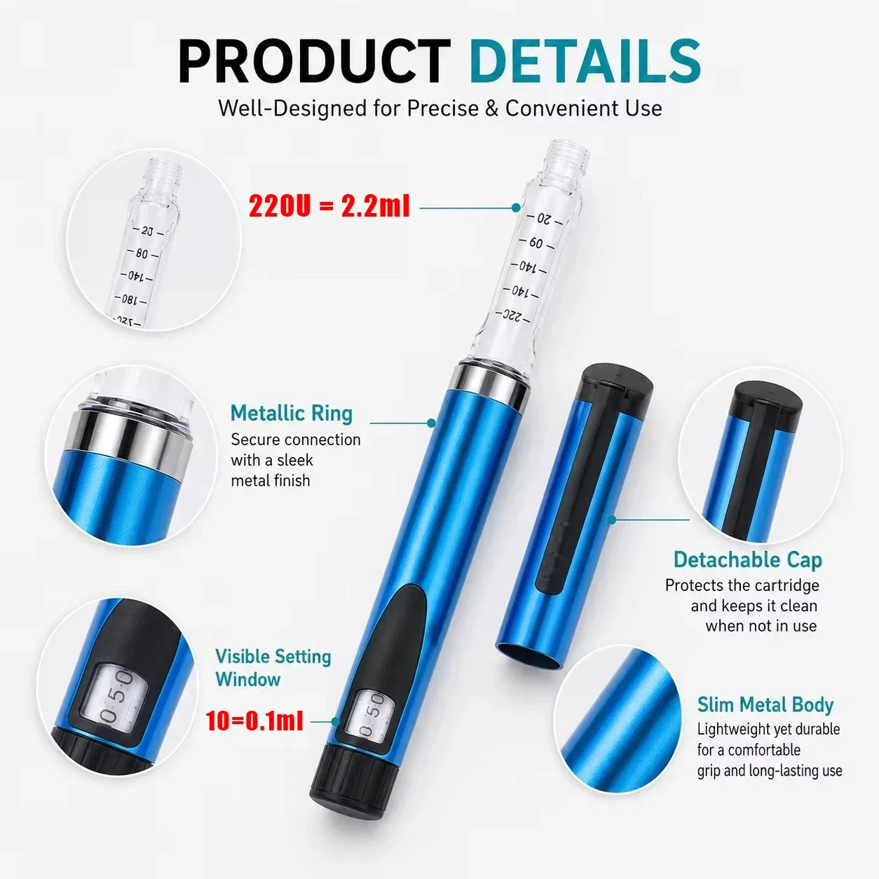 V3 Reusable Metal Peptide Pen Adjustable Dose 3ml Cartridge Subcutaneous Injector for Medical Aesthetics Durable Injection Pen