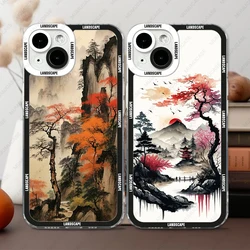 Case For iPhone 16 15 14 13 Pro Max 12 Mini 11 XS X XR SE 7 8 Plus Soft Cover Ink and wash landscape painting