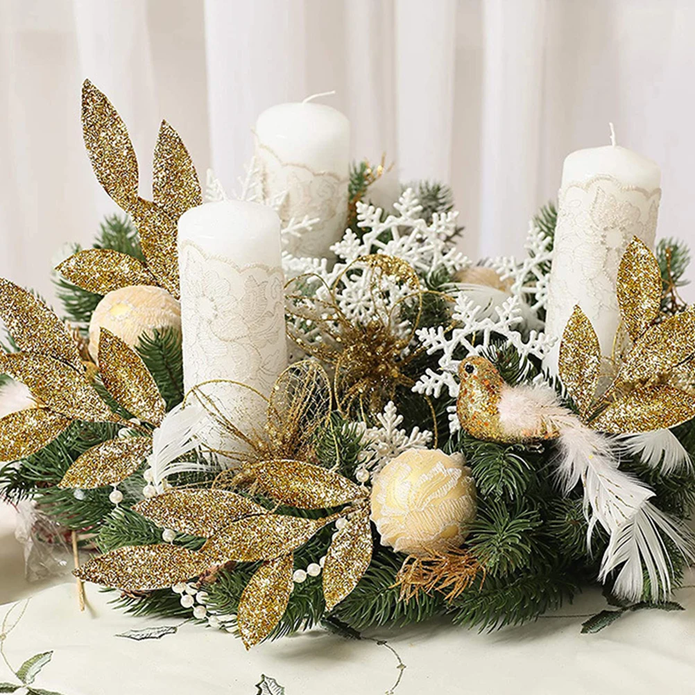 

10pcs Christmas Tree Wreath Artificial Glitter Leaf Picks Farmhouse Centerpiece Decorative Stems Fall Floral Arrangements Party