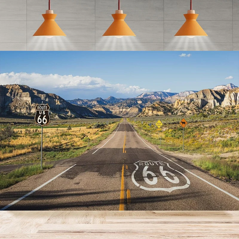 

US Route 66 Photography Backdrop American Wild West Straight Road Route 66 Signs Background Mountain Desert Landscape Decoration