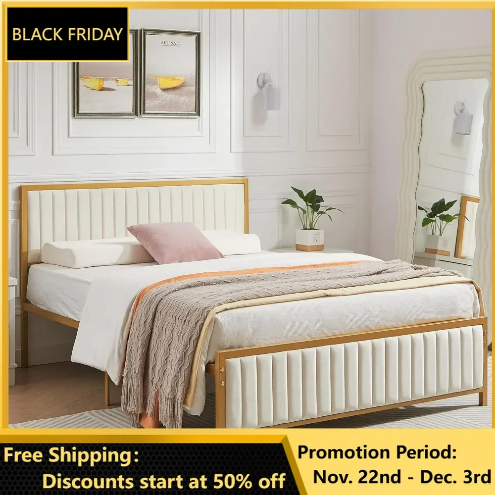 

Bed Frame, Upholstered Tufted Headboard & Footboard, Heavy Duty Steel Slats Platform, No Box Spring Needed, bedroom furniture