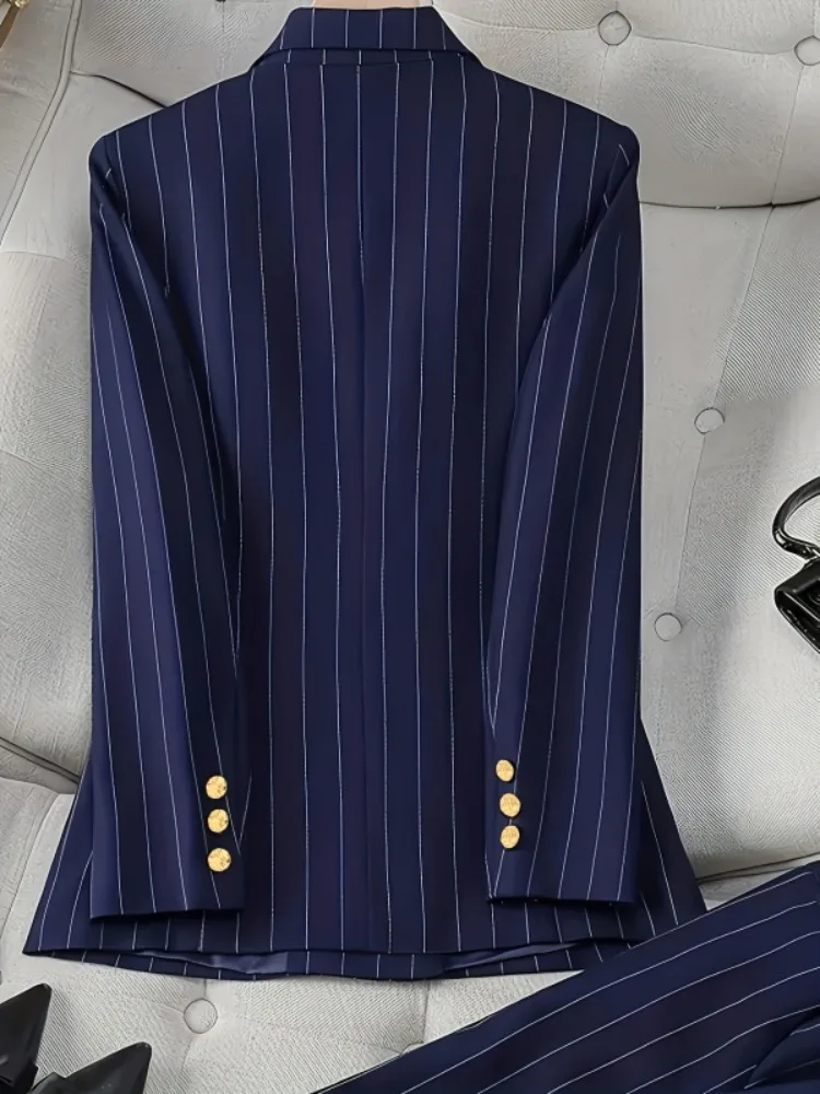 سترة UOOZEE النسائية المخططة باللون الأزرق الداكن مزدوجة الصدر وأكمام طويلة وفضفاضة وأزرار أنيقة بدلة مكتب الأعمال #3