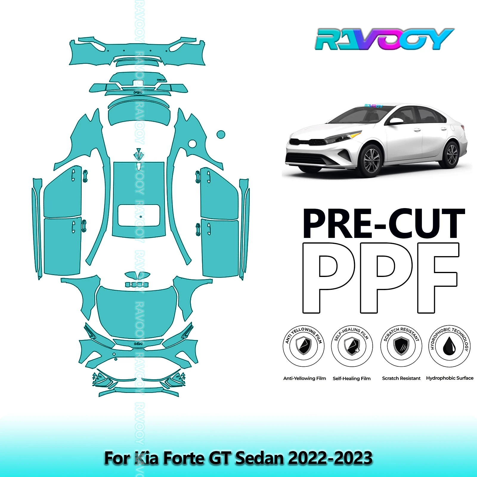 RAVOOY 8.5Mil Custom-Fit Precut TPU PPF Full Vehicle Clear Bra Stone Guard EU UK For Kia Forte GT Sedan 2022-2023