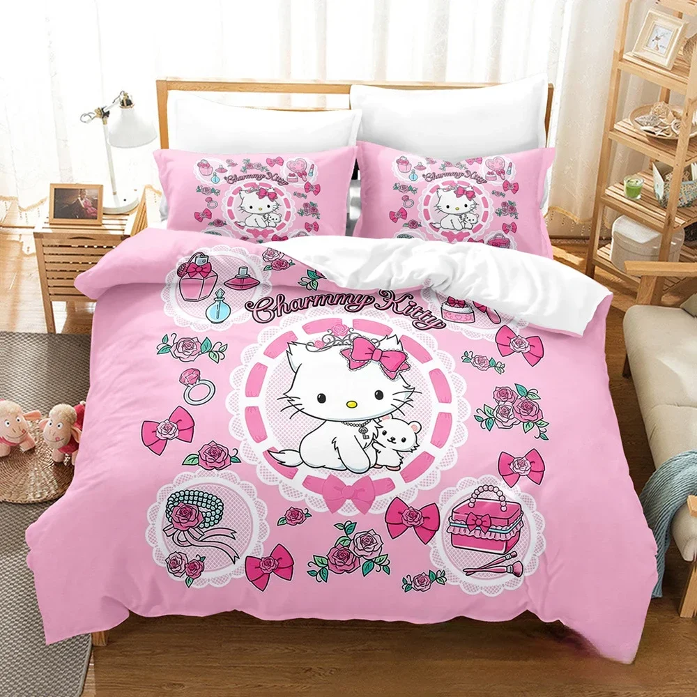 Conjunto de cama Anime Sanrio Cartoon para crianças, Kawaii Hello Kitty Quilt Cover, capa de edredão, fronha, gêmeo, rainha, cama king size