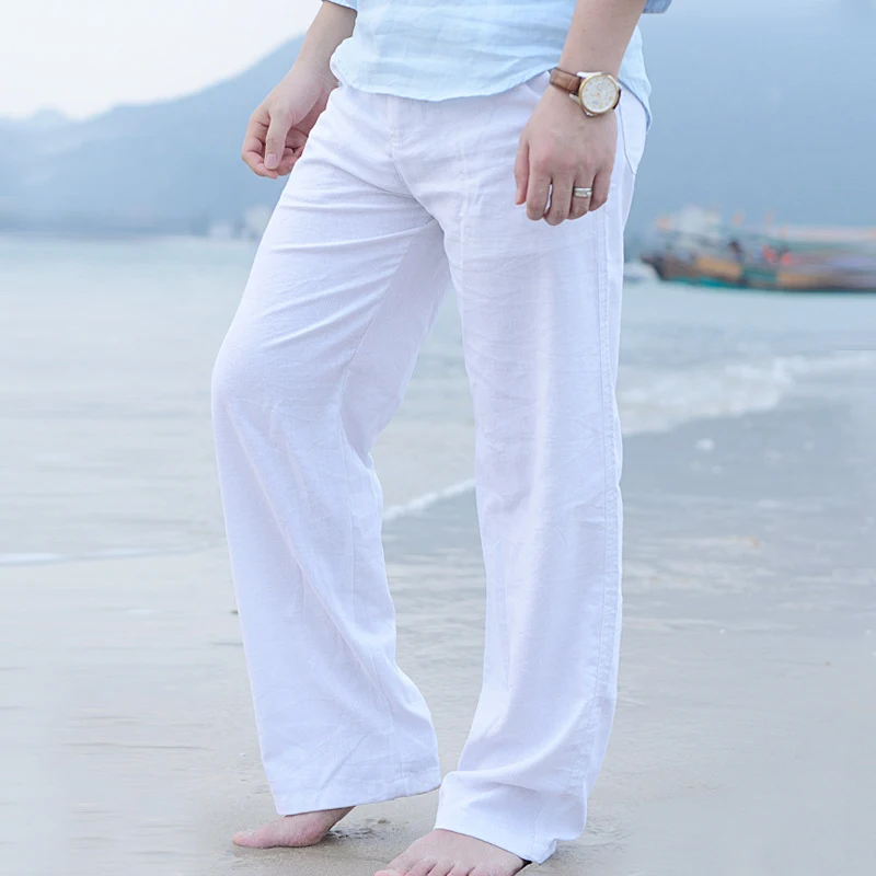 Men Cotton Linen Wed Leg Trousers Summer Casual Comfortable Thai Fisherman Loose Long Pants White Black Solid Autumn M-3XL