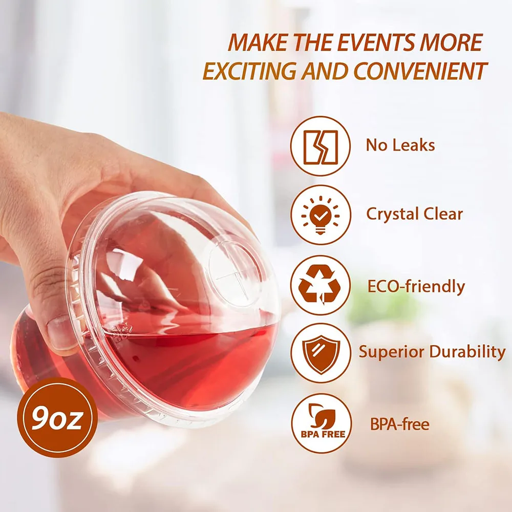9oz Clear Plastic Cups With Dome Lids, Crystal PET Dessert Cups, Cold Party Cups for Cupcake/Ice Cream/Latte/Cold drinks