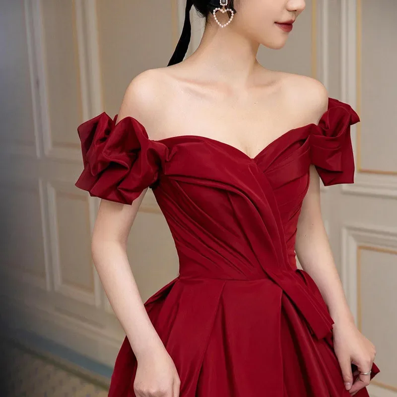 

Saudi elegant Off-the-shoulder Formal Evening Dresses , A-line Pleats Zipper Floor length Satin Party Prom Dresses