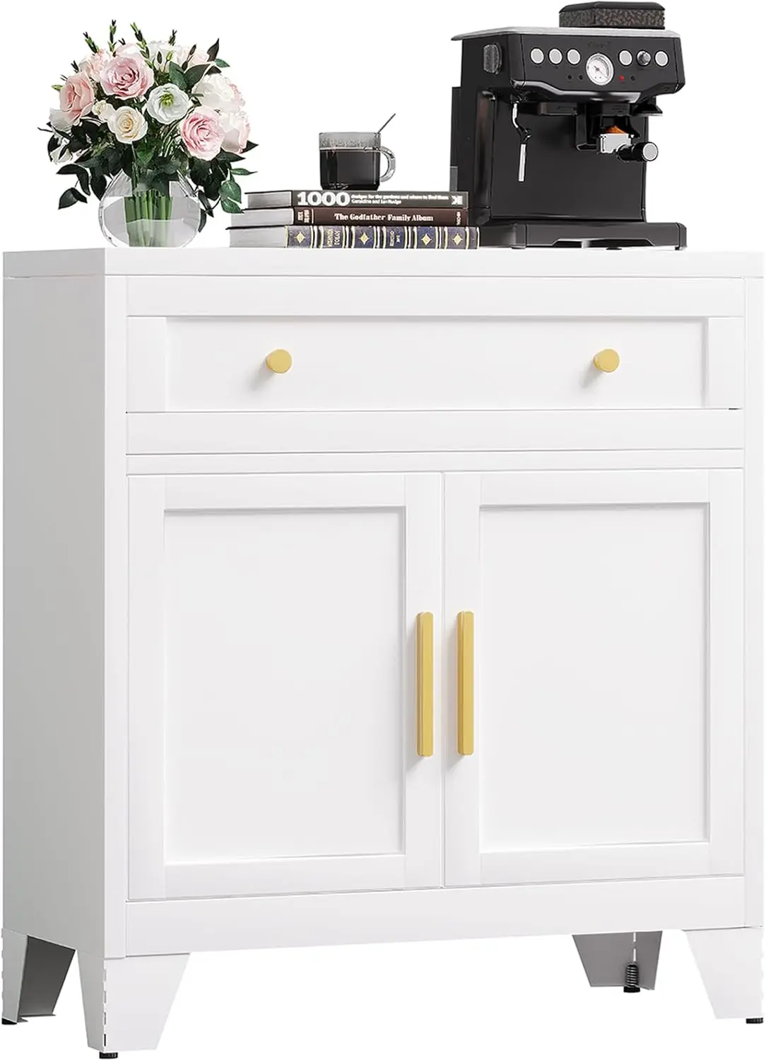 

White Metal Sideboard Cabinet with Big Drawers, Adjustable Shelves for Kitchen Dining Room Entryway