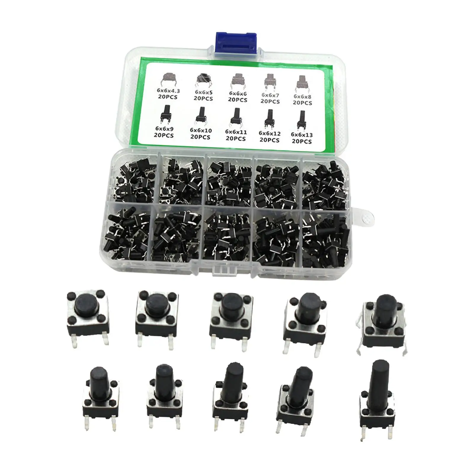 200Pcs Momentary Tactile Push Button 10 Types Self-Lock Push Button for DIY
