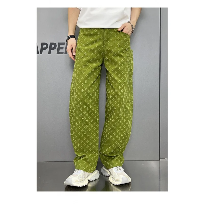 Street Amerikaanse Vintage Jacquard Straight Jeans Heren Wijde Pijpen Y 2K Mode Streetwear Losse Broek Groene Pantalones Hombre