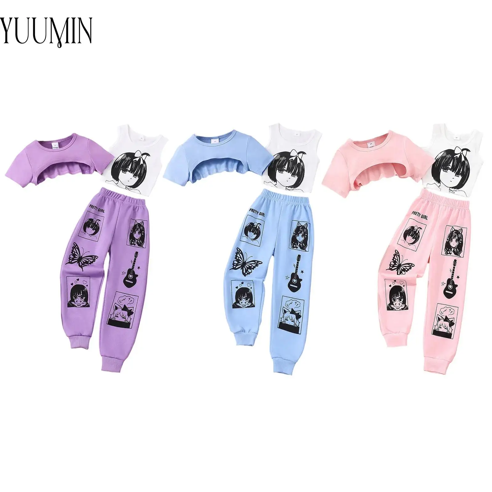 

3-7Y Kid Girl 3-piece Sports Suit Short Sleeve Asymmetrical Hem Crop Top+Anime Printed Vest+Sweatpants for Hip Hop Street Dance