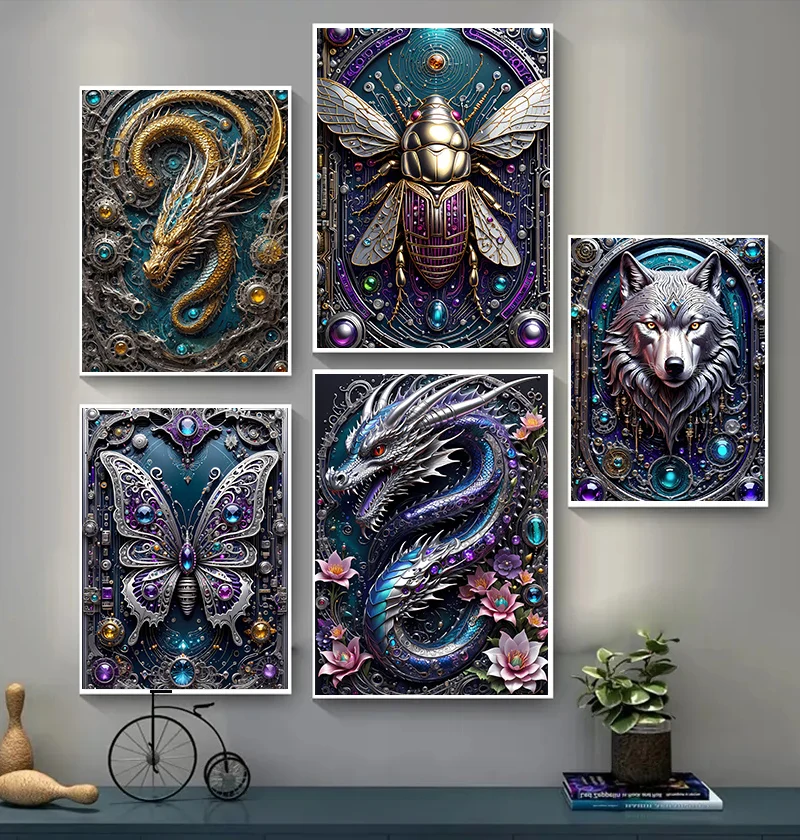 1pc frameless Canvas Painting Galactic Animals Chronicles Steampunk Dragonfly Posters Wolf Golden Dragon Prints Canvas Painting
