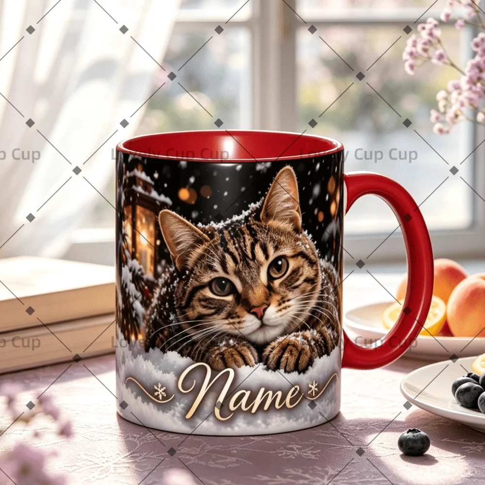 2D 1pc 11oz Personalized Custom Cute Cat Snow Coffee Mug, Christmas Gift for Bestie, Water Cup Hand Wash Only, Microwave Safe