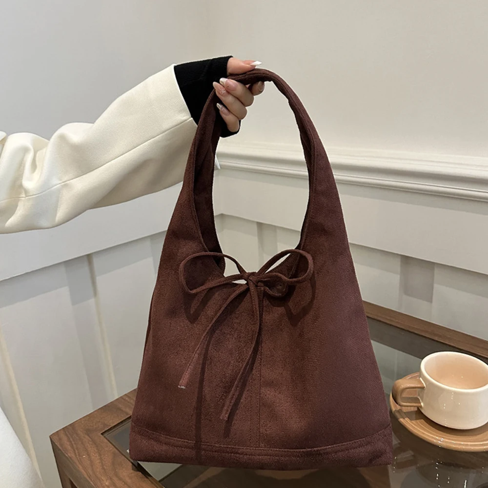 

Vintage Suede Tote Bag Large Capacity Fashion Shoulder Casual Handbag Autumn Winter Bucket Underarm Bag for Women Travel Commute