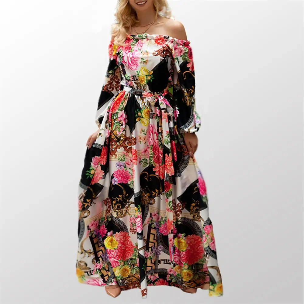 플로럴 프린트 오프숄더 여름 드레스 스트리트 스타일 루즈핏 소프트 폴리에스터 미디엄 스트레치 가을 착용