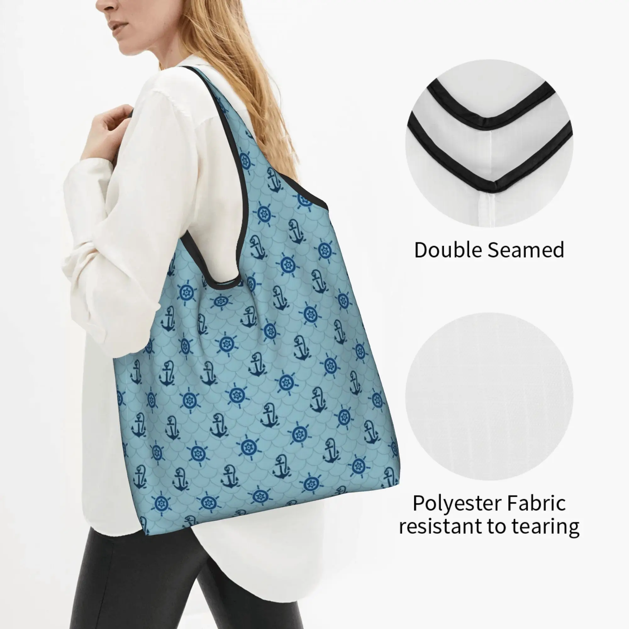 Reusable Nautical Anchor Compass Adventure Captain Sailor  Shopping Bag Women Tote Bag Portable  Grocery Shopper Bags