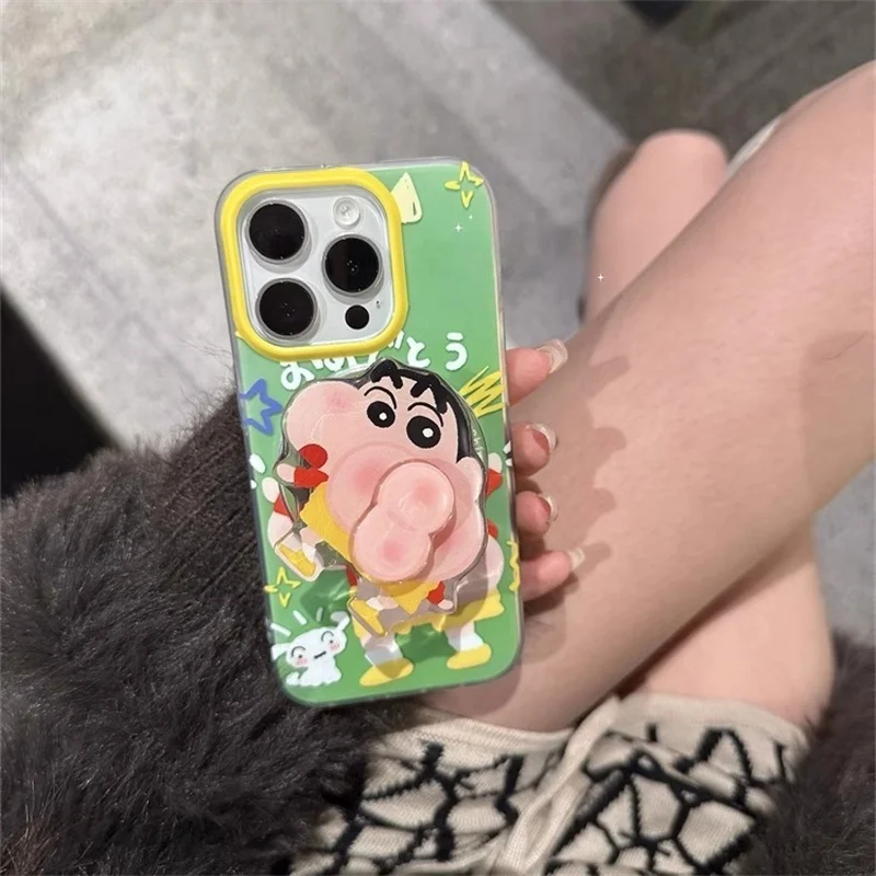 

3D Cute Crayon Shin -chan Rotating buttocks Magnetic Holder Magsafe Wireless Charging Case for iPhone 13 14 15 16 Pro Max Cover