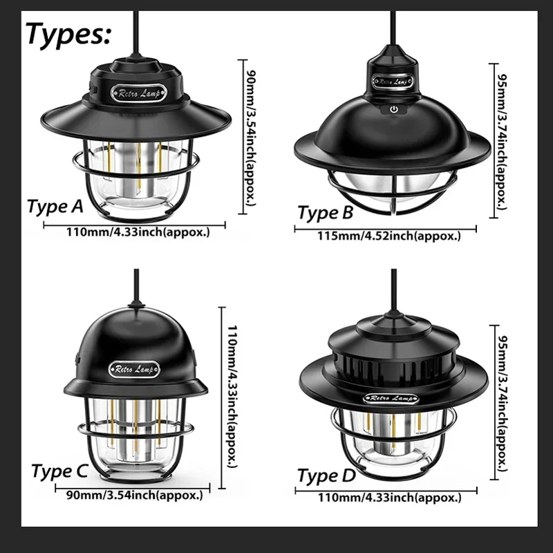 Portable Camping Lamp Stepless Dimming Lantern USB Charging Retro LED Hanging Lamp Tent Light for Camping Outdoor Lighting