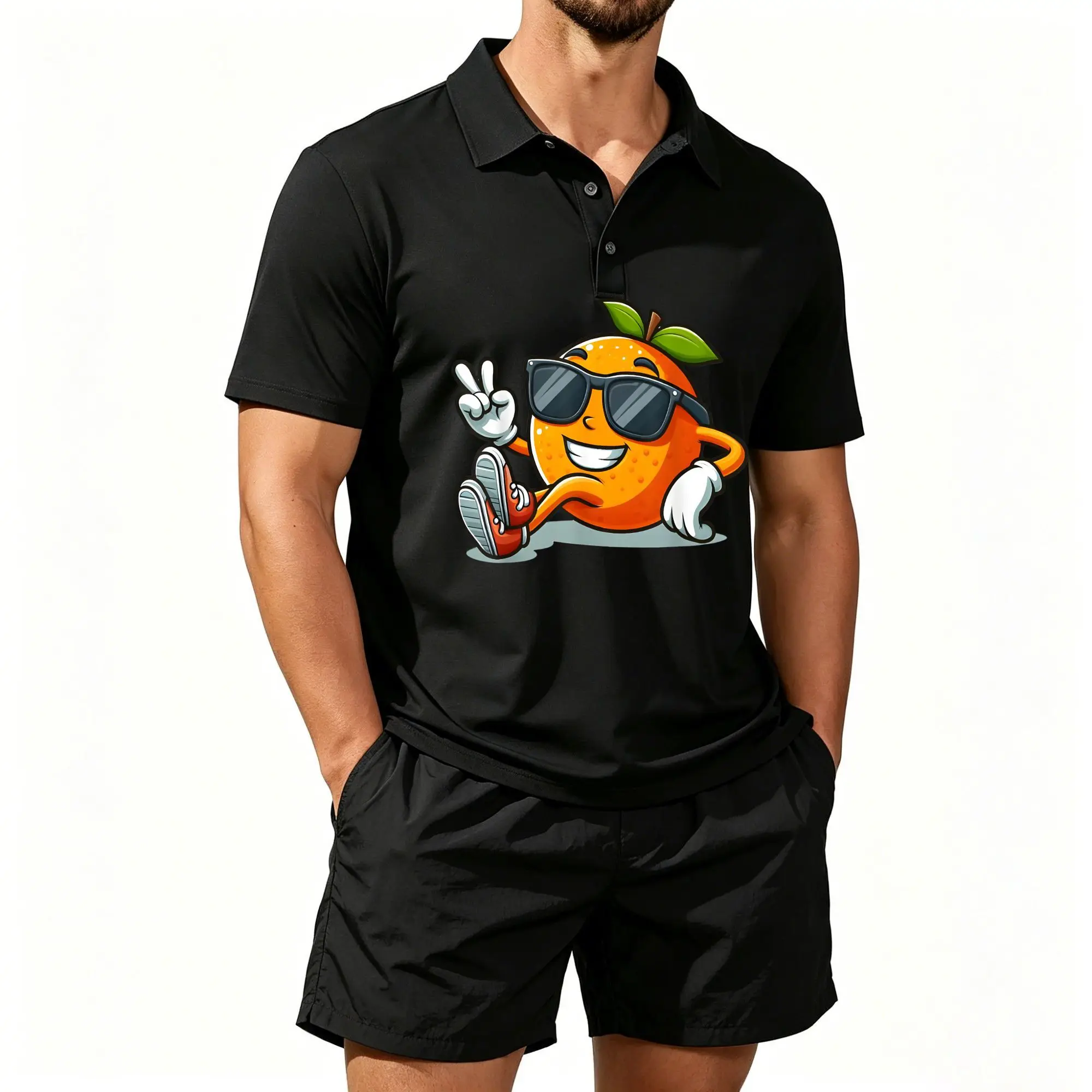 Conjunto de Dos Piezas de Shorts de Playa Tipo Polo para Hombre con Divertido Estampado de Frutas Naranjas, Diseño Creativo de Ilustraciones de Naranjas Frescas, Casual y Cómodo, Bien Ajustado