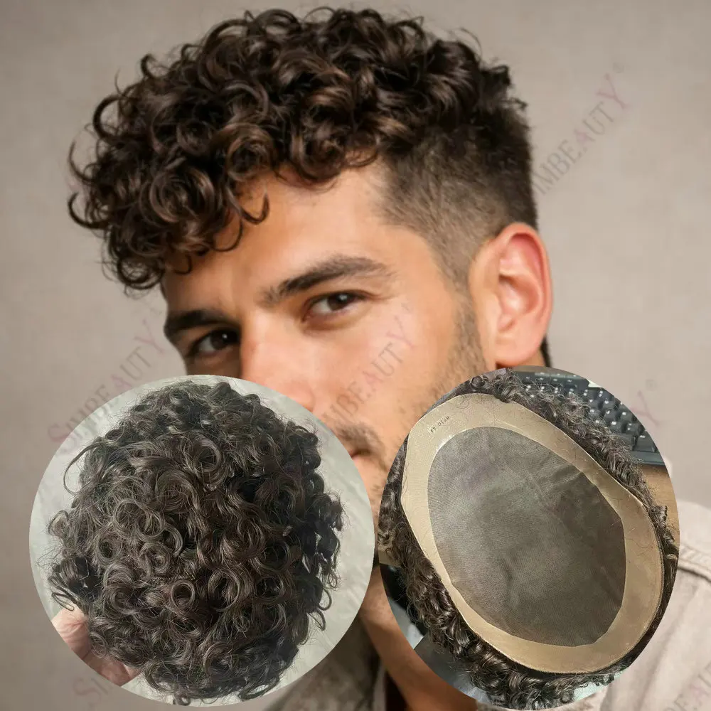 18mm/20mm Curly Men Toupee Mono NPU Human Hair Wigs 15mm Curly Hair System Hairpiece Natural Hairline Men's Capillary Prothesis