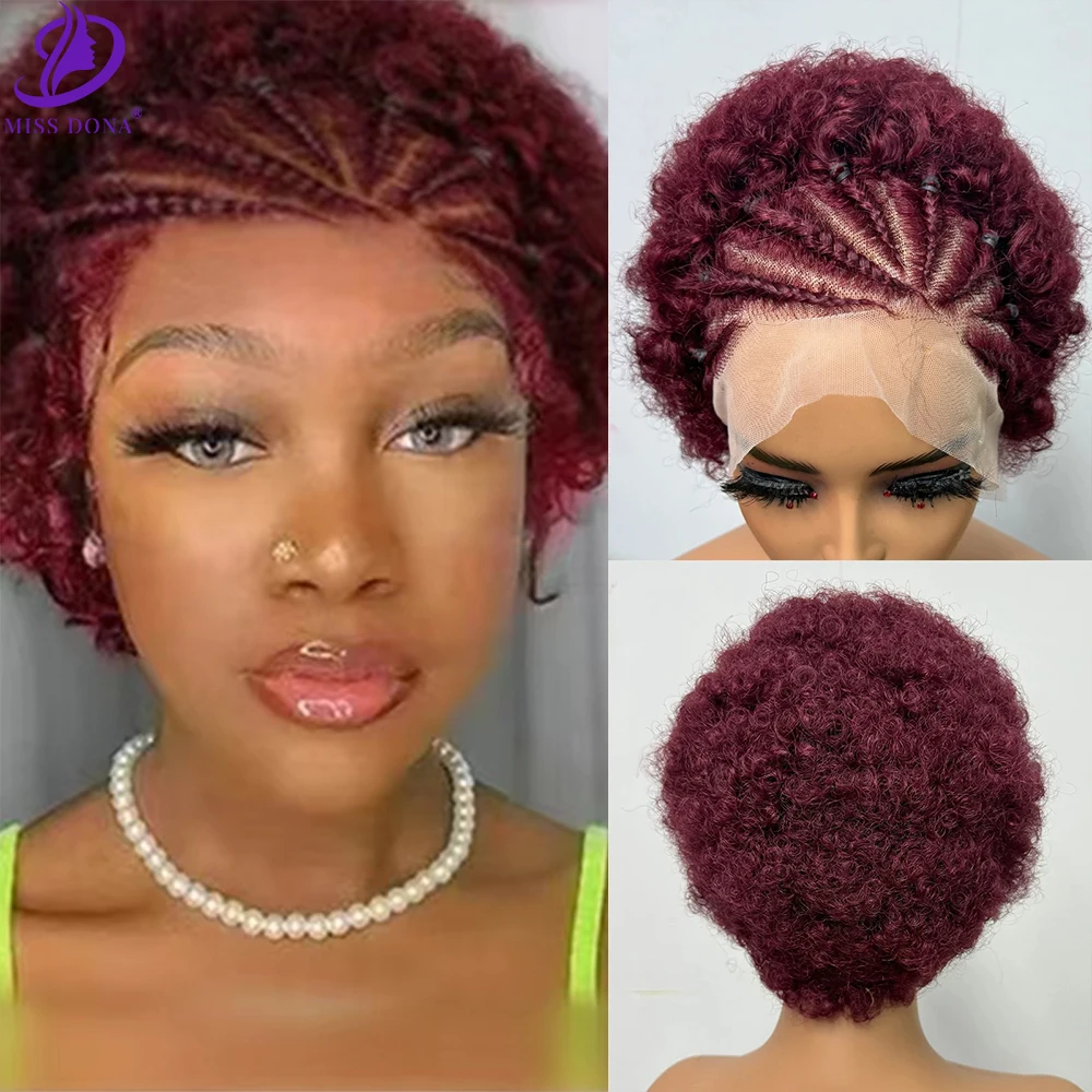 

MissDona Burgundy 13*4 Lace Front Wig Bouncy Curly Hair Wigs with Braids 100% Human Hair Wig Afro Wigs For Africa Women