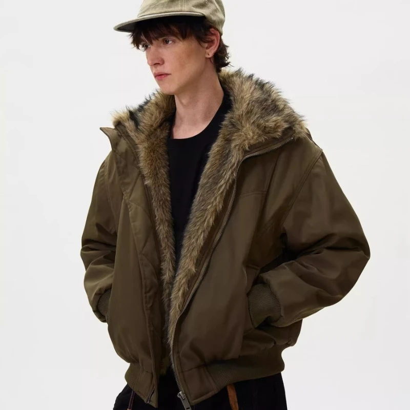 

American Retro Streetwear Fleece-lined Fur Collar Puffer Jacket - Unisex Couple Pilot Style Warm Trendy Cotton Coat