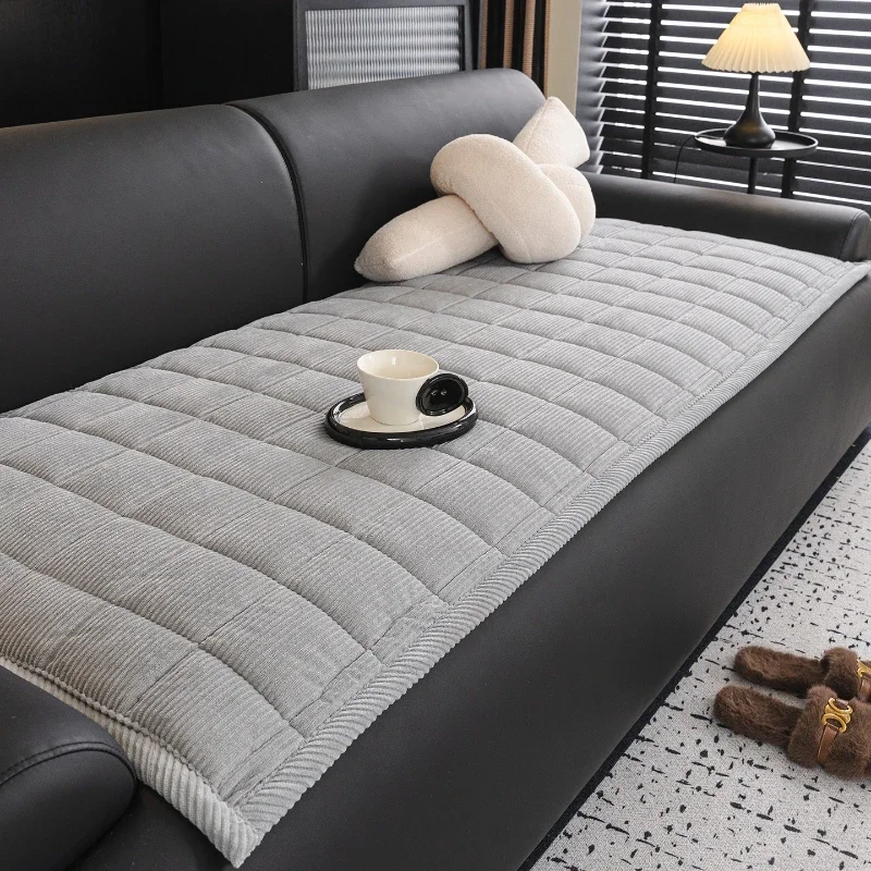 2025 Modern Minimalist Non-Slip Seat Cushion New Corduroy Grid Quilted Sofa Mat Winter Warm Thickening Plush Cushion Universal