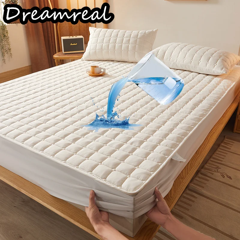 

3Pcs Ultrasonic Waterproof Fitted Bed Sheet Set Thicken Cotton Mattress Protector and Pillowcase Anti-slip Bedspread Bedding Set