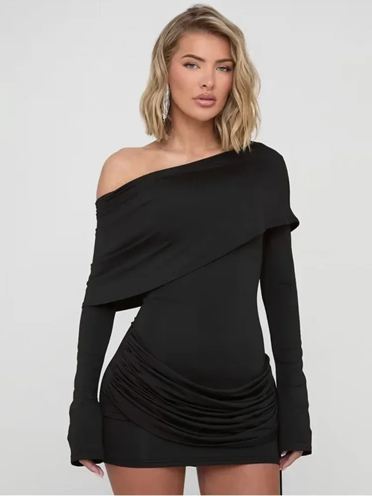EOENKKY Off-shoulder Long Sleeve Sexy Mini Dress Women Fashion Strapless Backless Draped Ruched Club Party Dresses Female