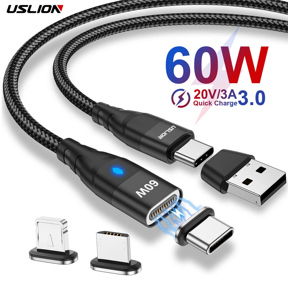 USLION 60W USB C to USB C Magnetic Cable Super Fast Charging Wire QC 3.0 Type C to Micro USB Cord With USB C to USB A Convertor