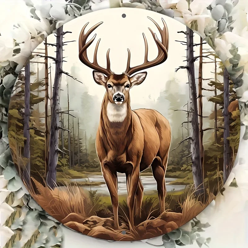 2D Flat - 1pc 2D Flat Printed 20.32cm X 20.32cm Round Metal Sign Featuring a Deer Buck Surrounded by a Forest Wreath - 1pc Elect