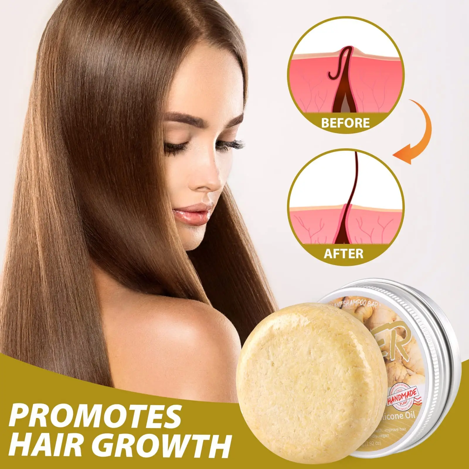 Ginger Shampoo para o crescimento do cabelo, Anti Hair Loss, Sabonete Branco, Escurecimento Shampoo, 100% Planta Pura, Orgânico Natural, Crescimento