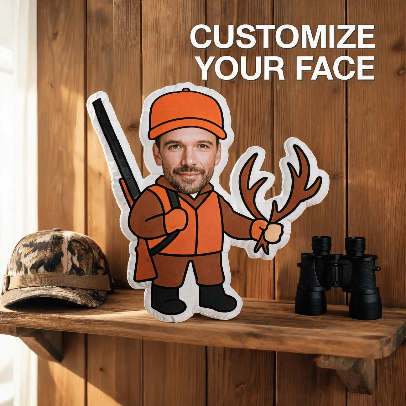 Custom Photo Hunter Shaped Pillow, Personalized Face in Orange Hunting Outfit with Antlers Decorative Cushion, 70CM Perfect for