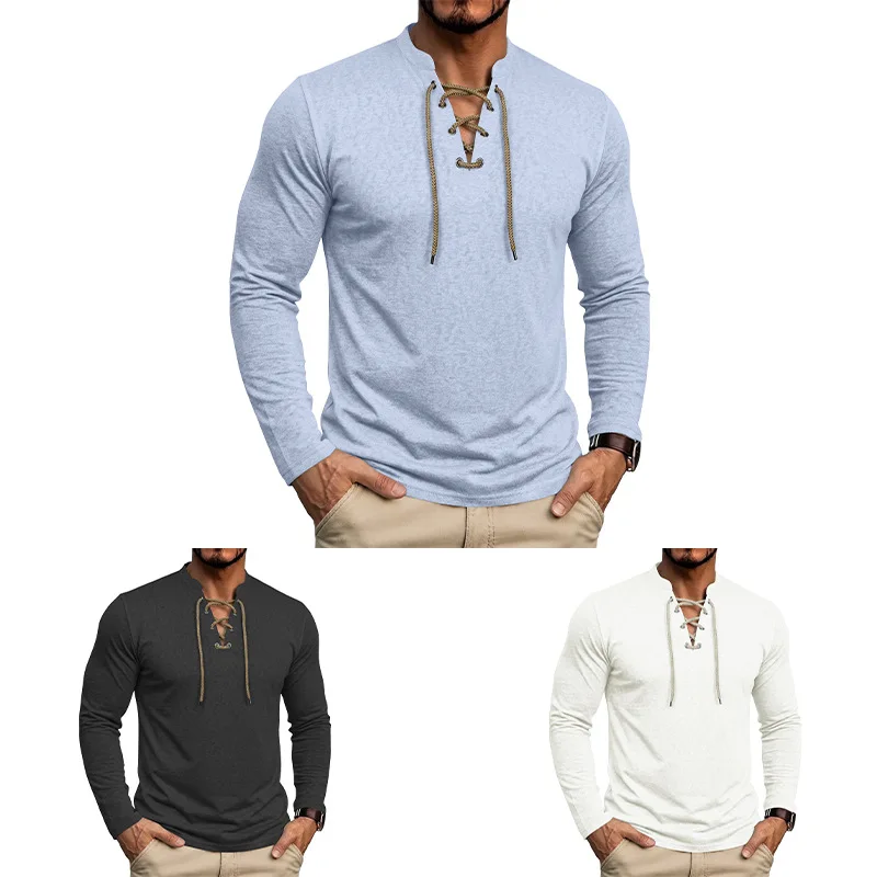 2026 Autumn New Men's Soil Long-sleeved Henry Collar Strap Placket Pullover Bottom T-shirt Top