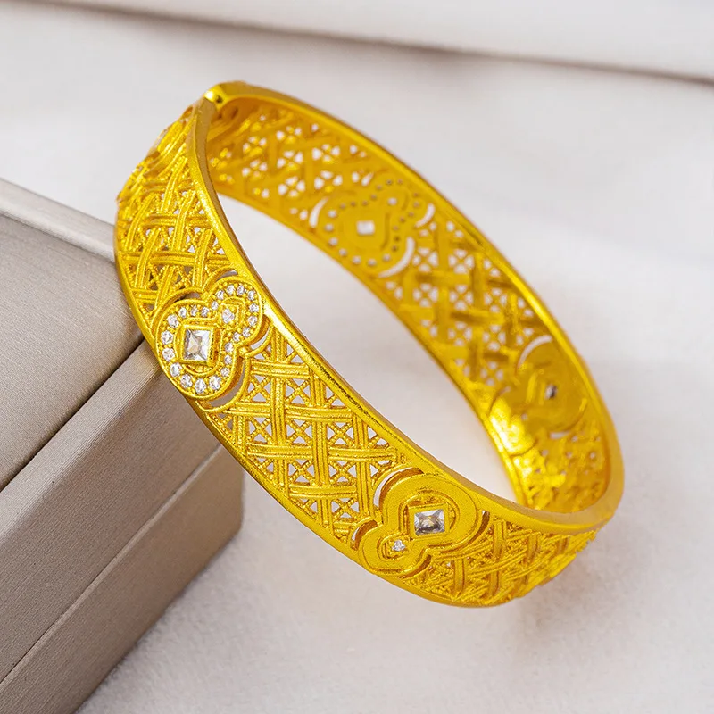 Sturdy &Durable Hollowed Flower Window Diamond-set Gourd Open Bracelet For Women24K Gold AU999 |Solid craft, not easy to deform