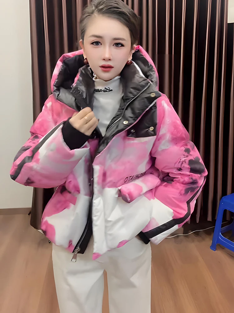 الشتاء قصيرة مطبوعة التعادل صبغ مقنعين أسفل سترة المرأة الأبيض بطة أسفل سترة أسفل عادية الإناث سستة سميكة الدافئة باركر أبلى #3