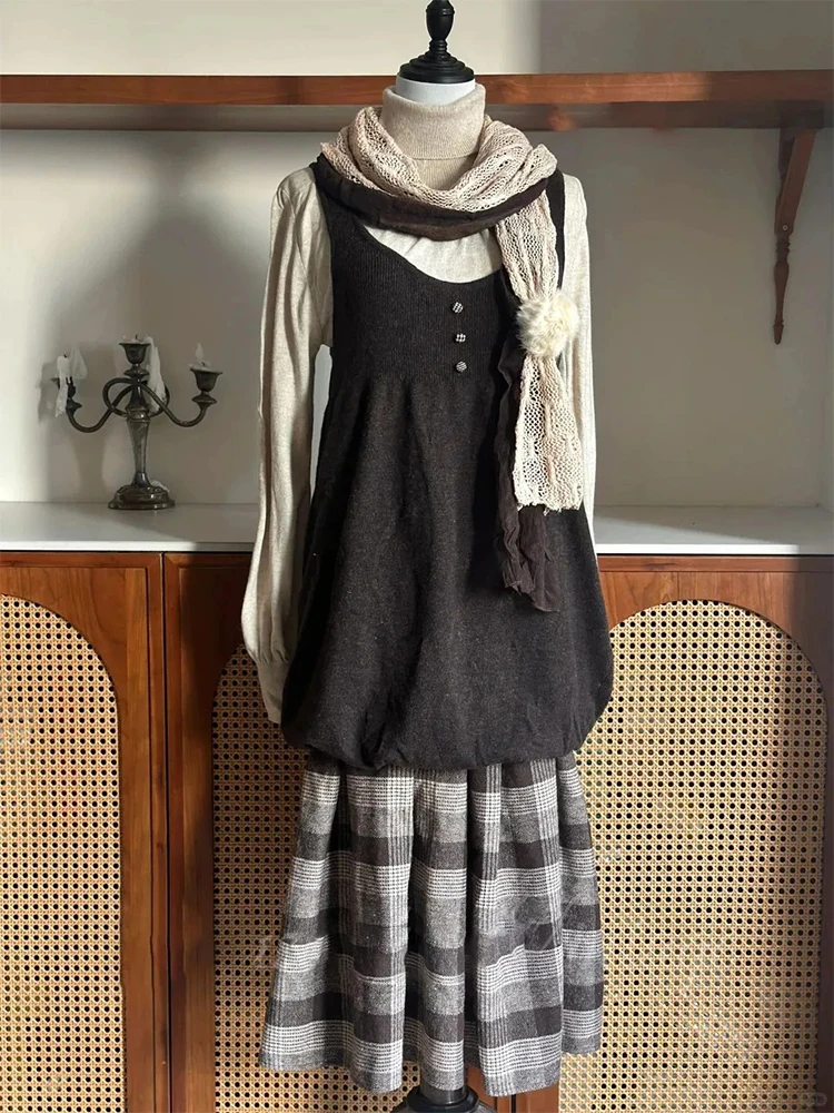 

Laidba Holiday Vintage Autumn Set Top f-length Skirt Long Plaid Padded Vest Tee-piece Women's Faion Ensemble