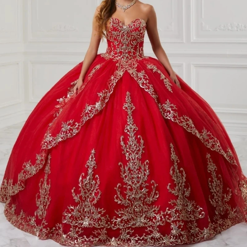 

Red Sweetheart Ball Gown Quinceanera Dresses Gold Appliques Lace Tull Off the Shoulder Corset Vestidos De 15 Años