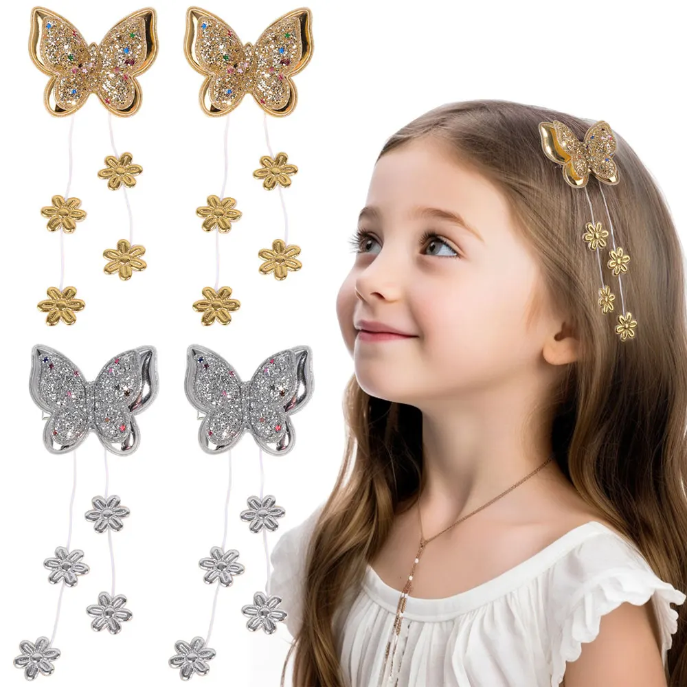 PU Butterfly Hair Clips para crianças, flor de glitter, borlas longas, dupla camada, presola, grampo de cabelo, headwear, crianças, 2pcs