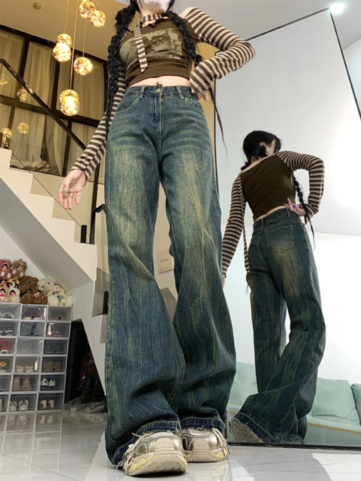 

Джинсы-колокольчики больших размеров в американском стиле ретро, женские свободные прямые брюки длиной до пола, джинсовые брюки с высокой талией, осенняя мода