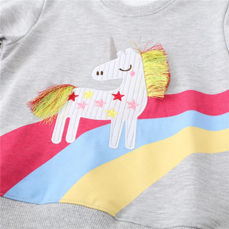 Jumping Meters Hot Selling Children\'s Girls Sweatshirts Horse Applique Autumn Winter Cartoon Kids Long Sleeve Hooded Shirts Tops