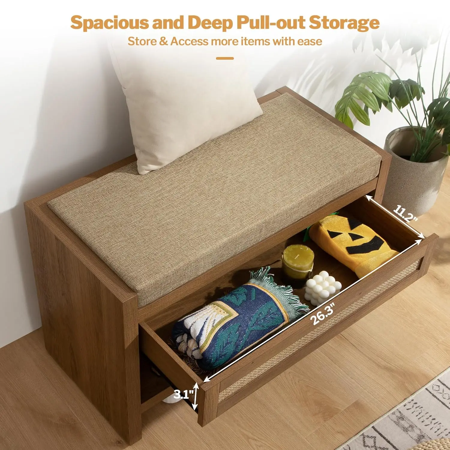 Rattan Shoe Bench Entryway Bench with Storage Drawer and Linen Seat Cushion, Farmhouse Boho Shoe Rack with Shelf, Customized