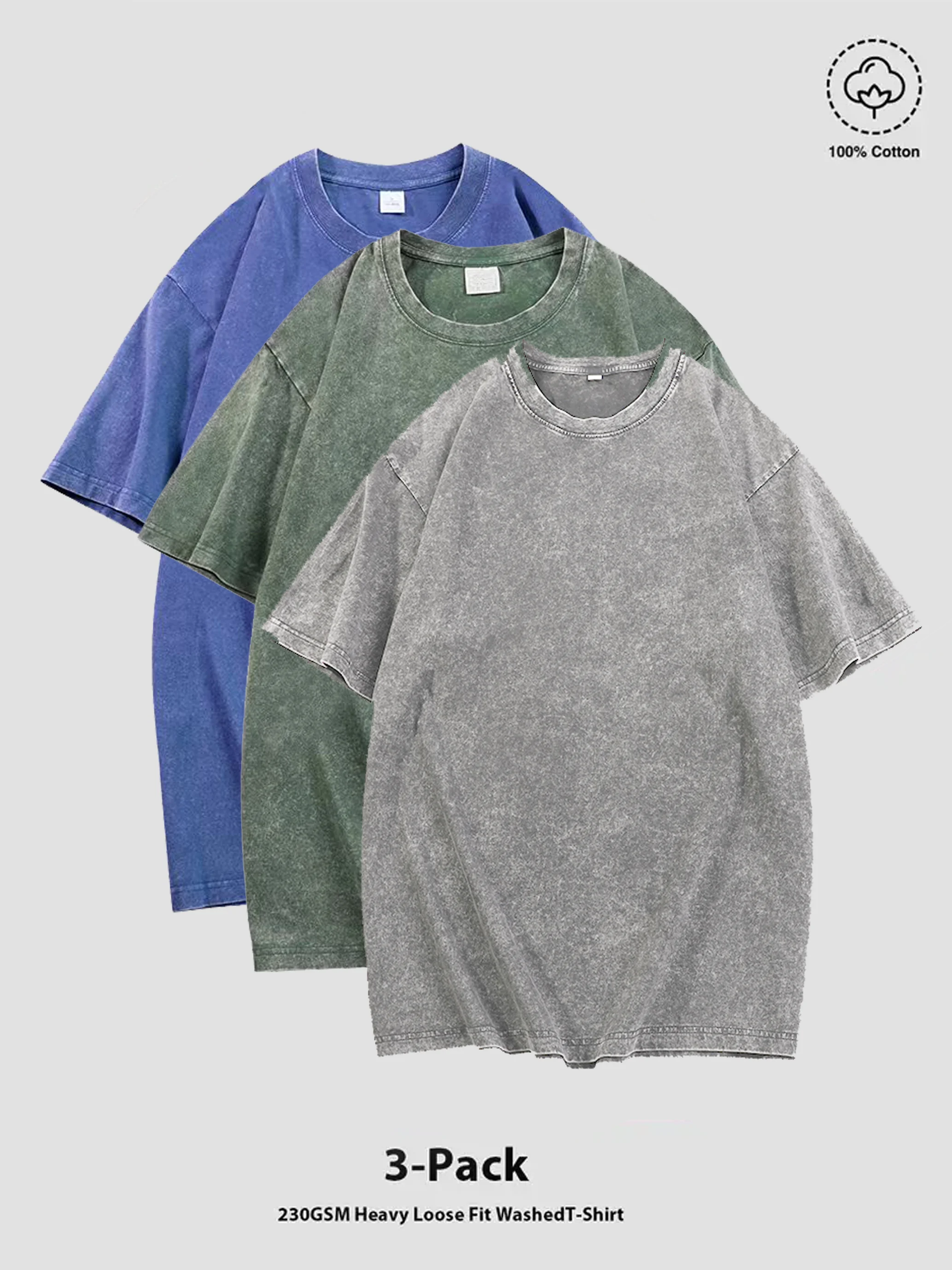 

3-Pack Vintage Washed T-Shirts Unisex Comfortable Cotton Casual Daily Wear