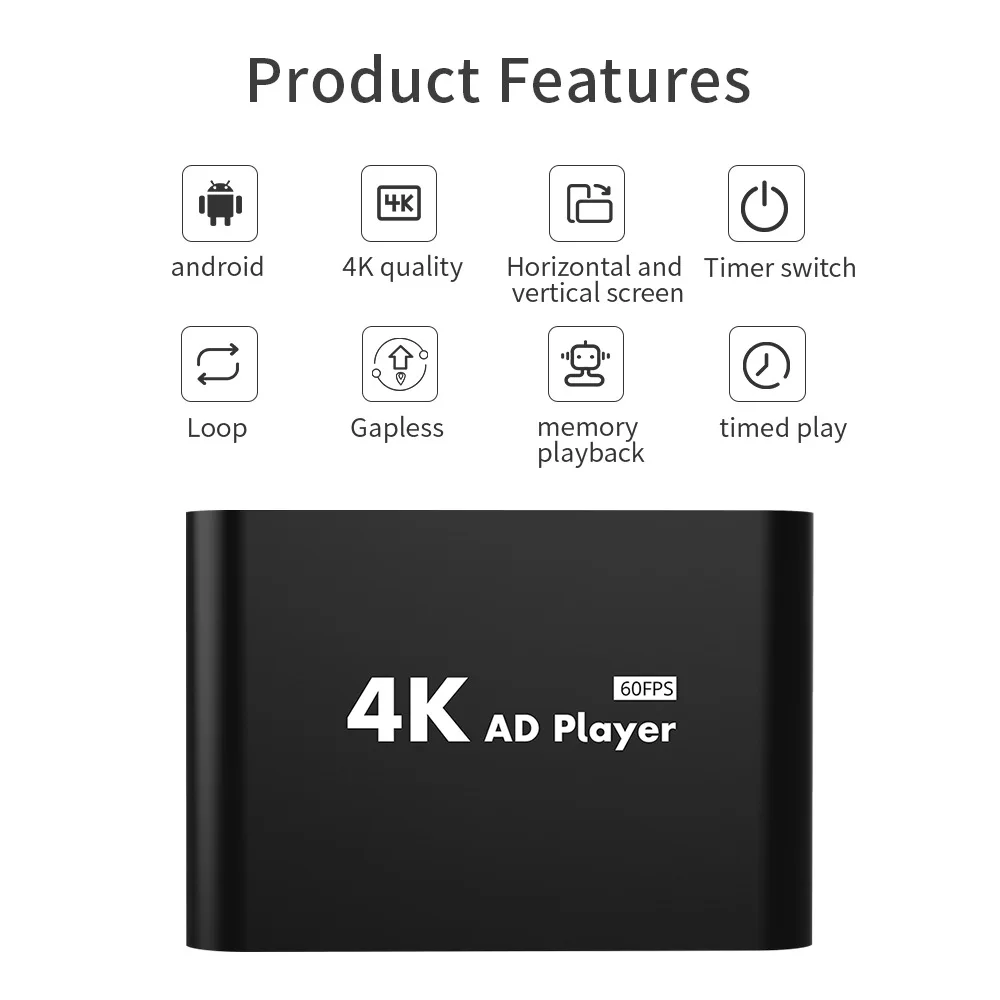 Instrumento de flujo de código de 4K60 marcos, reproductor multimedia con función de reproductor de disco U e interruptor temporizado, inicio automático, imagen de vídeo de ciclo.