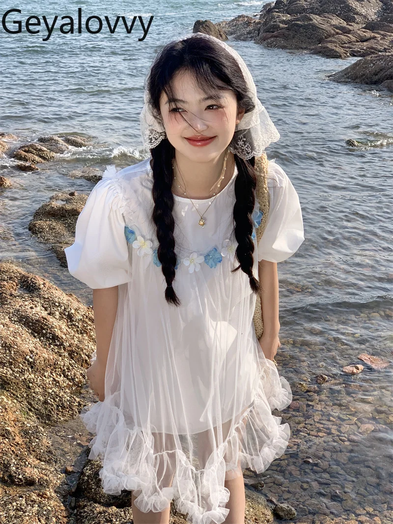 

Fairy Sweet Flower Fake Two-piece Mesh Bubble Short-sleeved White Dress Summer Cute Girl Crew Neck Loose A-line Short Dresses