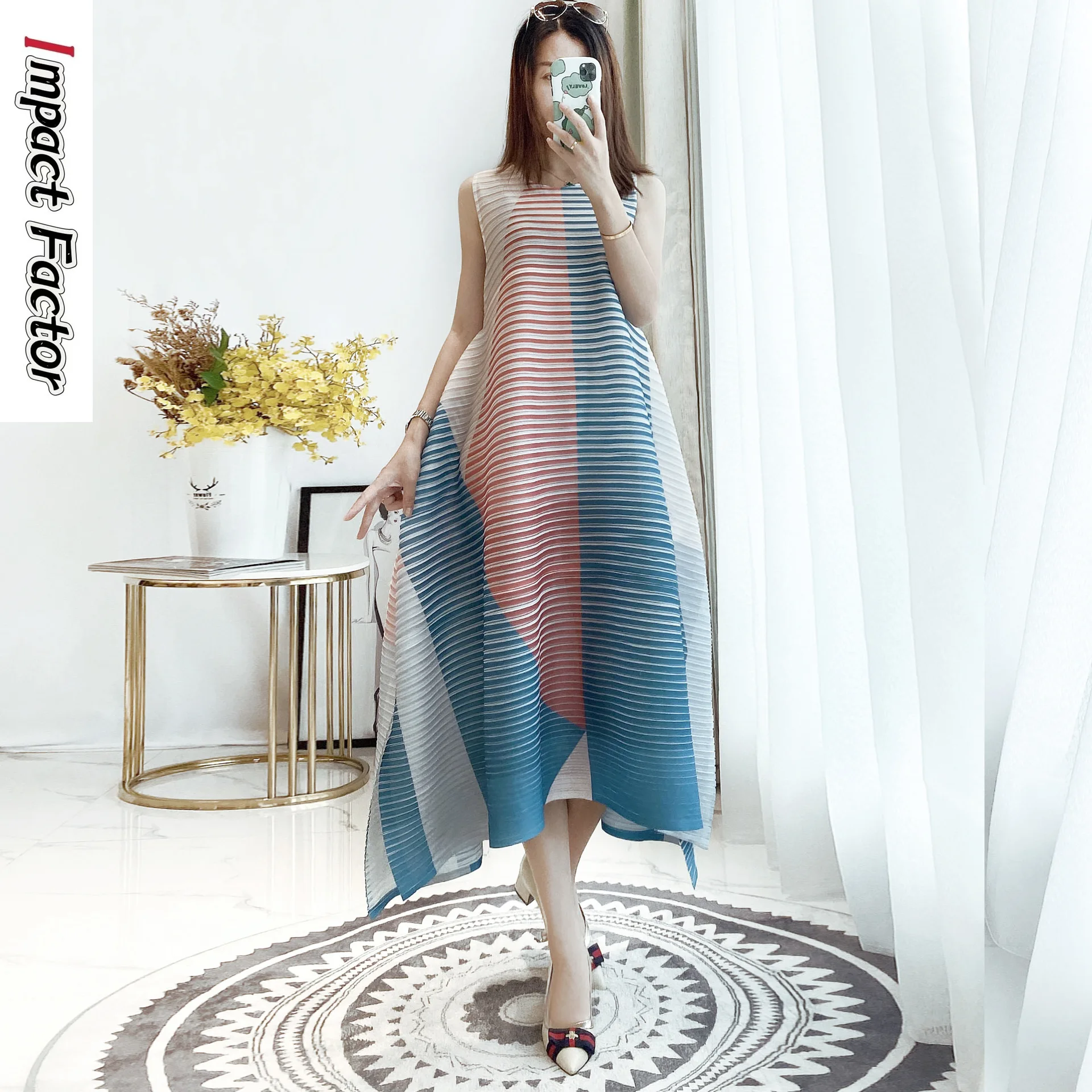 

Miyake Pleated Temperament Dress Women's 2024 Summer New Loose and Slim Stripe Plaid Panel Asymmetric Long Skirt