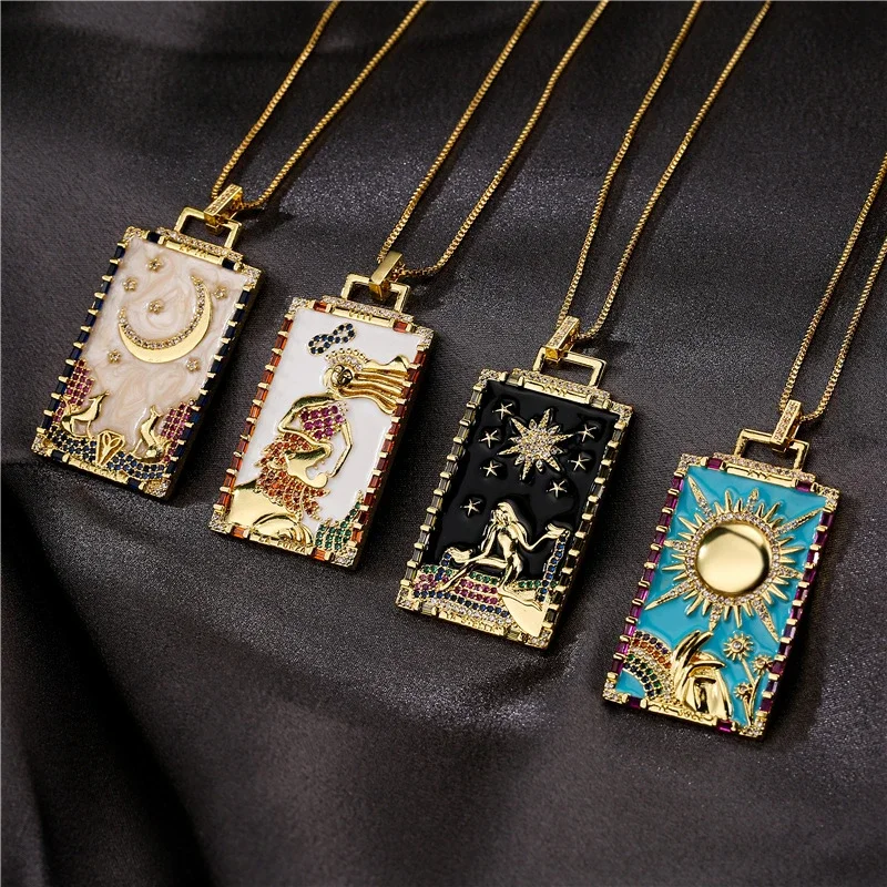 Designer Luxury Personality Oil Painting Dripping Necklace for Women Gold Color Copper Jewelry Moon Sun Star Mermaid